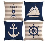 7COLORROOM 4Pack Nautical Decor Pillow Cover Navy Blue Coastal Sailing Compass Anchor/Sailboat/Navigation Cushion Cover Coastal Beach House Decor Pillowcases 18”x18” for Sofa Couch Patio