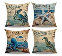 7COLORROOM 4pack Ocean Theme Throw Pillow Covers 18”×18” Sea Animals Pillowcases Cushion Covers Starfish-Seahorse-Octopus-Crab (Beach-3)