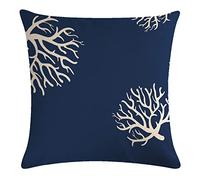 7COLORROOM Coastal Coral Pillow Covers Navy Blue Background Beach/Ocean Theme Coral Cushion Cover Sea Plant Nautical House Decorative Pillowcases 18x18 Inch for Sofa Couch Bed