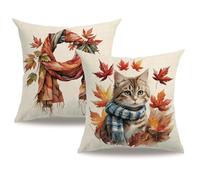 7COLORROOM Fall Autumn Throw Pillow Covers 18x18 Inch Watercolor Cat Scarf Maple Leaf Cushion Cases,Farmhouse Seasonal Thanksgiving Harvest Pillowcase 2Pack for Sofa Couch Patio (Orange, 18”×18”)