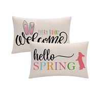 7COLORROOM Hello Spring Pillow Cover Colorful Welcome Every Bunny Easter Rectangular/Waist Cushion Cover Farmhouse Spring Seasonal Decor Pillowcases 12”×20”,for Sofa Couch Patio