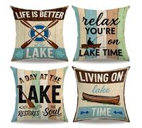 7COLORROOM Lake Life Throw Pillow Covers 18x18 Inch, Life is Better at The Lake Rustic Cushion Covers, Vintage Style Cabin & Lake House Decor Pillowcases Set of 4,for Lake House Porch Bed(Multi)