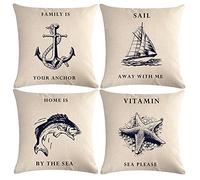 7COLORROOM Navigation&Beach Style Throw Pillow Cover Sea Theme&Coastal with Anchor/Sailboat/Fish/Starfish Pillowcase Set of 4 Nautical Decorative Cushion Cover 18”×18” (Beach-4)