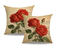 7COLORROOM Rose Cushion cover, Blooming Red Rose with Flowers &Green Leaves Pattern Pillowcases Decorative Square Pillow Cover,18 X 18 Inches 2 Pack For Sofa,Couch,Bed. (Red Rose)