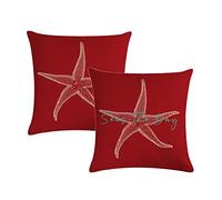 7COLORROOM Set of 2 Seas The Day Throw Pillow Cover Beach Starfish On Red Background Cushion Cover Coastal Sea Theme Home Decorative Pillowcases 18" x 18" for Sofa Couch Porch(18" x 18", Red)