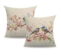 7COLORROOM Set of 2 Watercolor Birds Pillow Covers Spring Flower & Hummingbird Cushion Covers Blue Painting Birds Home Decorative Pillowcases 18x18 inch for Patio Furniture Bed (Blue)