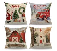 7COLORROOM Set of 4 Merry Christmas Pillowcases Christmas Tree with Retro Red Truck Dog Cushion Cover Winter Happy Holiday Pillowcase Home Decorative Pillow Covers 18”×18”(Red House)