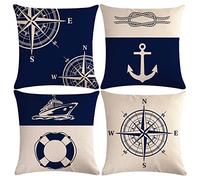 7COLORROOM Set of 4 Nautical Navy Blue Throw Pillow Covers Coastal Sailing Anchor/Compass Cushion Cover Coastal Beach House Decor Pillowcases 18”x18” for Sofa Couch Patio
