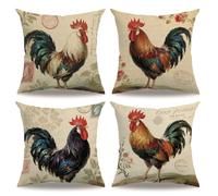 7COLORROOM Set of 4 Vintage Rooster Farmhouse Style Cushion Covers Rustic Rooster Cushion Covers with Geometric Pattern Country House Decorative Cotton Linen Cushion Covers 18 x 18 Inch (Rustic Cock)