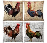7COLORROOM Set of 4 Vintage Rooster Farmhouse Style Cushion Covers Rustic Rooster Cushion Covers with Geometric Pattern Country House Decorative Cotton Linen Cushion Covers 18 x 18 Inch (Rustic Cock)