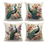 7COLORROOM Set of 4 Vintage Style Peacock Throw Pillow Cover with Flower &Green Leaves Cushion Cover Cotton Linen Home Decors Square Pillowcases 18"X18" for Couch/Sofa/Bedroom(Pink)