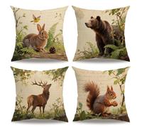 7COLORROOM Vintage Wildlife Cushion Cover Squirrel Bear Elk Rabbit with Green Plants Pillowcase Home Decor Square Cotton Linen Throw Pillow Covers 18" X 18" Set of 4 (Animals)
