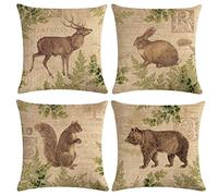 7COLORROOM Vintage Wildlife Cushion Cover Squirrel Bear Elk Rabbit with Green Plants Pillowcase Home Decor Square Cotton Linen Throw Pillow Covers 18" X 18" Set of 4 (Animals)