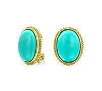 7CTW Oval Cabochon Oval Aqua Blue Stabilized Turquoise Rope Cable Bezel Gold Plated .925 Sterling Silver Clip On Earrings For Women Clip Only Is Alloy