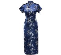 7Fairy Women's VTG Navy Blue Floral Long Chinese Prom Dress Cheongsam Size