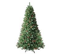 7Ft/2.1m Artificial Christmas Tree Maryland Fir Green Pine Tips Decorated with Red Berries and Pine Cones Xmas Home Decorations Metal Stand