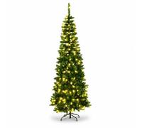 7Ft/2.1m Green Pre-Lit Slim Pencil Christmas Tree, 230 Warm White LEDs | For Christmas, Home, Office and Party Decor, 625 Tips, 8 Light Modes, PVC and Metal Construction, Easy Assembly, Space-Saving