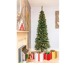 7Ft/2.1m Pre-Lit Artificial Slim Christmas Tree Green Pencil Tree, Pointed Tips, Metal Stand Warm White LEDs Lights Holiday Home Decorations