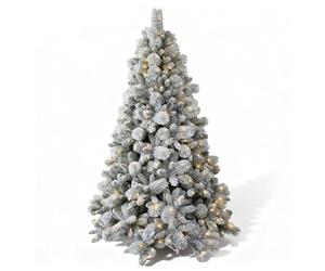 7Ft/2.1M Pre-Lit Snowy Helsinki Fir Snow Covered Flocked Luxurious Artificial Green Christmas Tree Bushy Xmas Holiday Home Decoration Warm White LED Lights Last Up To 50,000 hrs