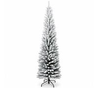 7Ft/2.1m Snow Flock Artificial Slim Pencil Christmas Tree, 625 Tips, Xmas | For Christmas, Home, Office and Party Decor, PVC and Metal Construction, Easy Assembly, Slim Space-Saving Design, Sturdy Base