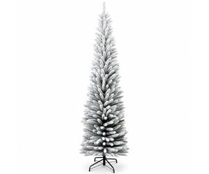 7Ft/2.1m Snow Flock Artificial Slim Pencil Christmas Tree, 625 Tips, Xmas | For Christmas, Home, Office and Party Decor, PVC and Metal Construction, Easy Assembly, Slim Space-Saving Design, Sturdy Base