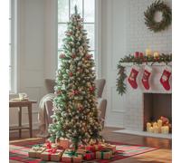 7FT/2.1M Snow Flocked Slim Christmas Tree with Pine, Berries& Foldable Metal Stand