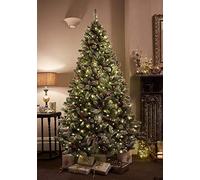 7ft/210cm Premium Christmas Tree Snowy Flocked Windsor Pinecones & Berries Pre Lit with 900 Micro Warm White & Multi Colour LEDs - Includes On/Off Foot Pedal