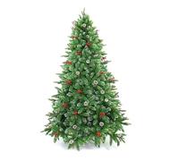 7ft/210cm Snowy Tips Artificial Christmas Tree with Berries, Frosted Cones, Stockholm Pine Luxury Natural Looking Flocked Tips, Hinged Bushy Branches, Metal Stand - Xmas Home Holiday Decorations