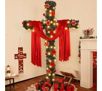 7Ft Artificial Christmas Cross Tree with a String Lights a Red Silk Scarf and 20Pcs Red Poinsettia Flowers Christmas Easter Decors Jesus Christ Catholic Cross Decor for He is Risen Outdoor Home Decor