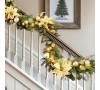 7FT Christmas Garland with Gold Flowers, Balls and Eucalyptus Leaves Decorations, Realistic PVC & PE Material, Artificial Xmas Garland for Stairs, Fireplace, Door, Table Decor