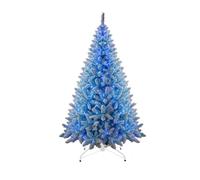 7Ft Flocked Prelit Blue Christmas Tree with Blue LED Lights Multifunction, Snow Dusted Artificial Pine Foldable Metal Stand 1084 Tips Hinged Branches Snowy Bushy Luxury Holiday Home Decoration