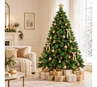 7ft Pre Lit Christmas Tree, Xmas Pine Tree, Warm White LEDs, Pre Lit Christmas Tree 7ft, 400 Warm LEDs, 8 Light Modes, 1200 Tip Pine Design, Prelit Spruce Xmas Tree, Indoor/Outdoor Use, 2.1m