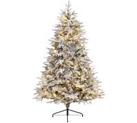 7ft Pre-Lit Snow Flocked Christmas Tree with LED Lights 1268 PE+PVC Mixed Tips Xmas Trees Bushy Artificial Lapland Fir Christmas Tree Fake Pine Tree with Metal Stand Easy to Assemble 210cm