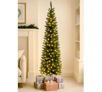 7FT. Slim Pencil Pre-Lit Christmas Tree with Warm White LED Lights - Artificial Premium Narrow Xmas Slim Spruce - 574 Tips - 7 Foot/210cm & 53cm Width