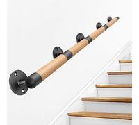 7ft Wooden Stair il with Black Metal Bracket Non-Slip Indoor/Outdoor Staircase Banister Grab Rail for Safety on Steps