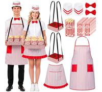 7ilaewen 1950s Adult Waiter Costume - 38Pcs Circus Carnival Popcorn Outfit | Soda Jerk Circus Costume, Carnival Outfit, Red White Striped Apron, Chef Hat Bow Tie, Movie Night Paper Popocorn Bag, Cosplay