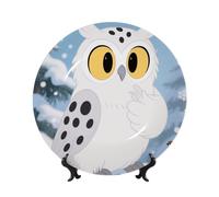 7in Bone China Decorative Plate with Display Stand Art Porcelain Plate Cartoon Owl Snow Art Crafts Ceramic Ornament Round Ceramic Dinner Plate for Home Office Wall Hanging