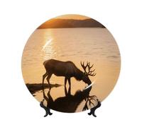 7in Bone China Decorative Plate with Display Stand Art Porcelain Plate Landscape Moose in the River Art Crafts Ceramic Ornament Round Ceramic Dinner Plate for Home Office Wall Hanging