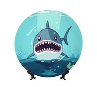 7in Bone China Decorative Plate with Display Stand, Personalized Ceramic Dishes Cartoon shark floating in water Display Dish Ceramic Ornament Art Crafts for Home Office Wall Decor Collections Plate
