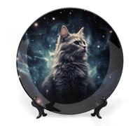 7inch Bone China Decorative Plates for Wall Hanging with Display Stand Chinese Porcelain Cat in The Nebula Dessert Plate Display Dish Collections Ceramic Ornament Art Craft Home Office Decor