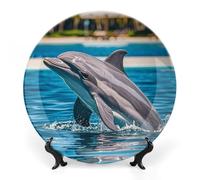 7inch Bone China Decorative Plates for Wall Hanging with Display Stand Chinese Porcelain Dolphin Out of Water Dessert Plate Display Dish Collections Ceramic Ornament Art Craft Home Office Decor