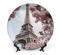 7inch Bone China Decorative Plates for Wall Hanging with Display Stand Chinese Porcelain Eiffel Tower Blossoms Dessert Plate Display Dish Collections Ceramic Ornament Art Craft Home Office Decor
