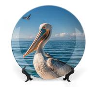 7inch Bone China Decorative Plates for Wall Hanging with Display Stand Chinese Porcelain Pelican Bird Blue Sea Dessert Plate Display Dish Collections Ceramic Ornament Art Craft Home Office Decor