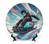 7inch Bone China Decorative Plates for Wall Hanging with Display Stand Chinese Porcelain Skateboarding And Skiing Dessert Plate Display Dish Collections Ceramic Ornament Art Craft Home Office Decor