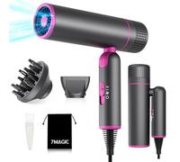 7MAGIC Travel Ionic Hair Dryer, Lightweight Foldable Blow Dryer with Diffuser for Curly Hair & Constant Temperature Care, Anti-Hair Suction Technology Hairdryers for Women, Gray