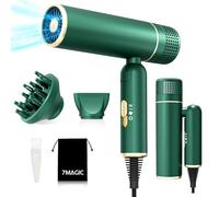 7MAGIC Travel Ionic Hair Dryer, Lightweight Foldable Blow Dryer with Diffuser for Curly Hair & Constant Temperature Care, Anti-Hair Suction Technology Hairdryers for Women, Green