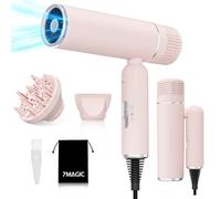 7MAGIC Travel Ionic Hair Dryer, Lightweight Foldable Blow Dryer with Diffuser for Curly Hair & Constant Temperature Care, Anti-Hair Suction Technology Hairdryers for Women, Pink
