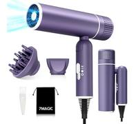 7MAGIC Travel Ionic Hair Dryer, Lightweight Foldable Blow Dryer with Diffuser for Curly Hair & Constant Temperature Care, Anti-Hair Suction Technology Hairdryers for Women, Purple