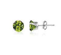 7MM Classic Brilliant Round Cut Cubic Zirconia (CZ) Sterling Silver Solitaire Stud Earrings/Ear Studs for Women Ladies Girls - Birthstone Earrings - PERIDOT GREEN. 7-PERI