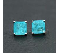 7mm Square Paraiba Tourmaline Emerald Stud Earrings For Women 100% Solid Party Fine Jewelry